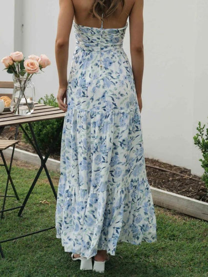 Halter Deep V-Neck Ruched Bodice Tiered Floral Print Maxi Dress
