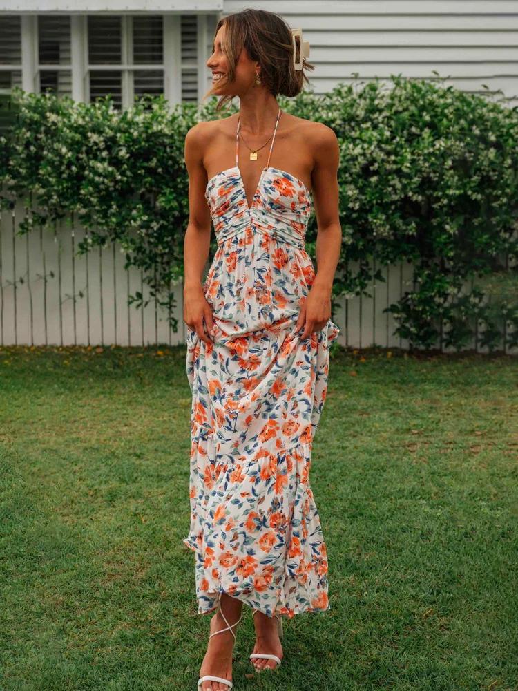 Halter Deep V-Neck Ruched Bodice Tiered Floral Print Maxi Dress