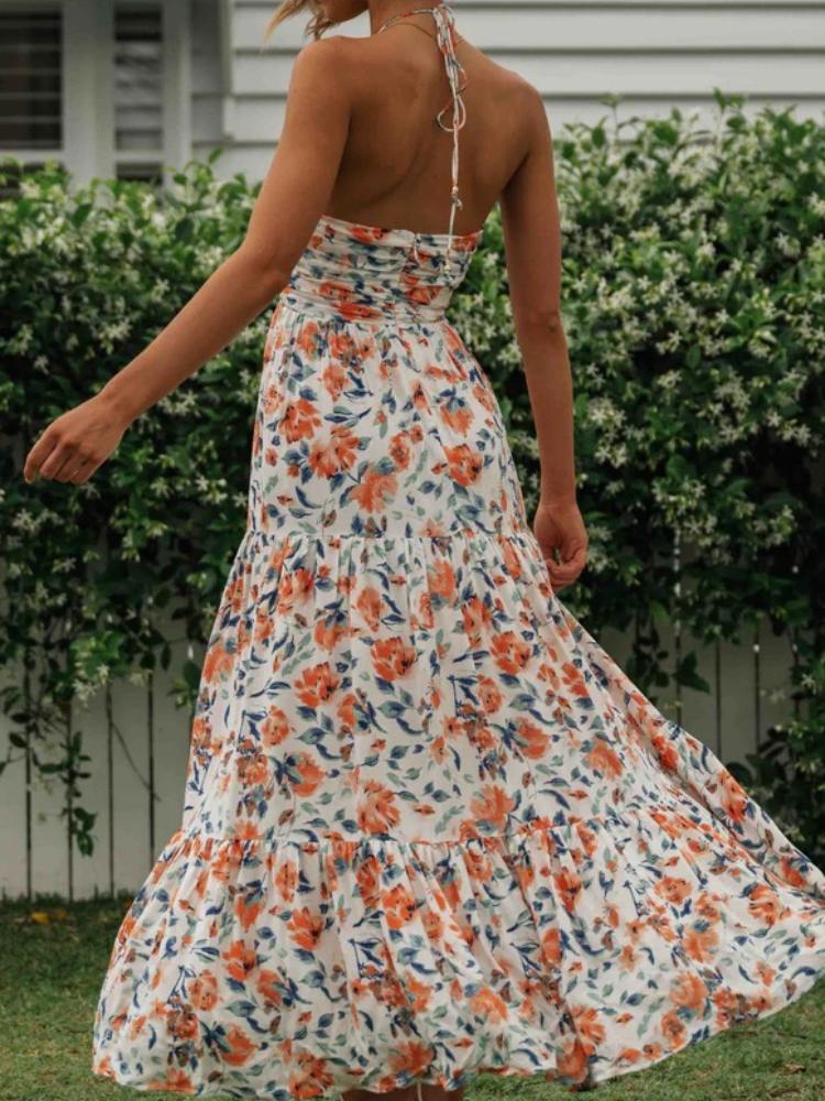 Halter Deep V-Neck Ruched Bodice Tiered Floral Print Maxi Dress