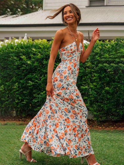 Halter Deep V-Neck Ruched Bodice Tiered Floral Print Maxi Dress