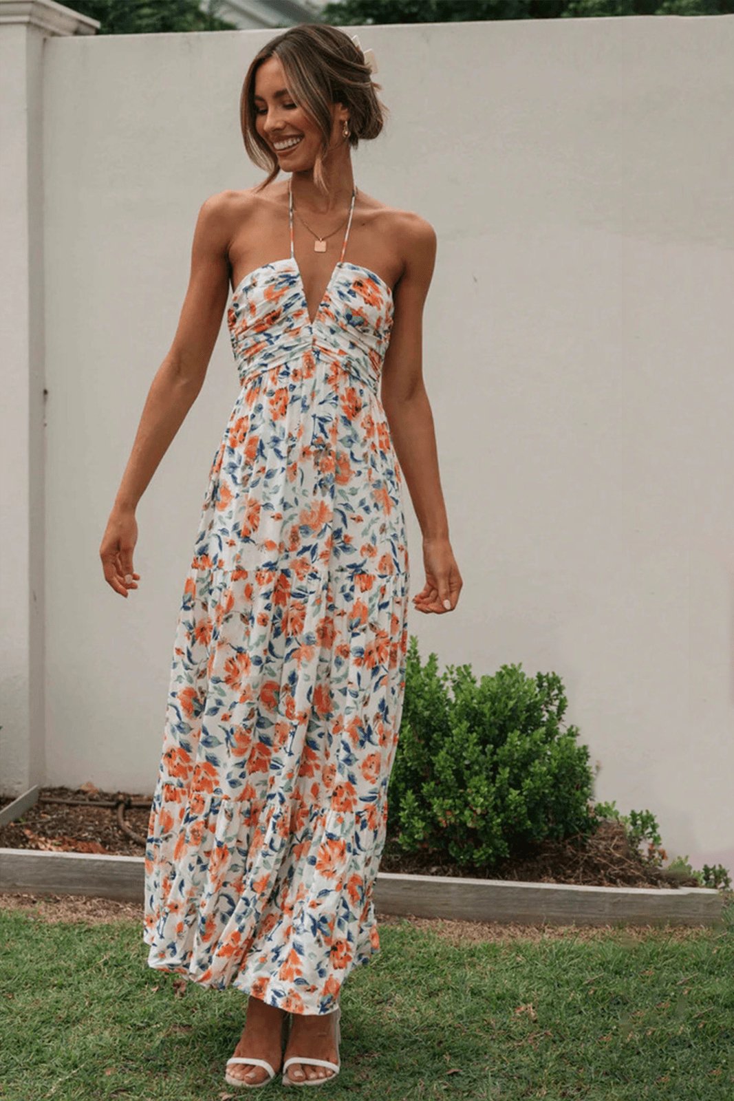 Halter Deep V-Neck Ruched Bodice Tiered Floral Print Maxi Dress