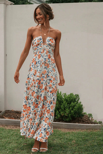 Halter Deep V-Neck Ruched Bodice Tiered Floral Print Maxi Dress