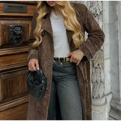 Suede Leather Chocolate Belted Overcoat