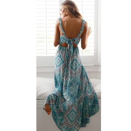 Paisley Tile Print Ruffle Strap Tie-Back Cutout Waist Flowy Maxi Dress