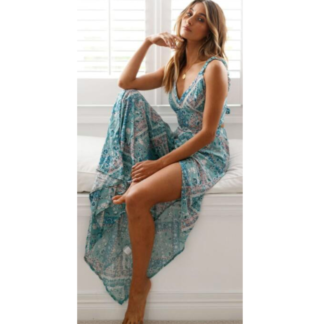 Paisley Tile Print Ruffle Strap Tie-Back Cutout Waist Flowy Maxi Dress