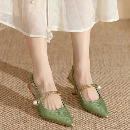 Summer Fashion Pointed Pearl Sexy High Heels Banquet Women Low Heel Pump