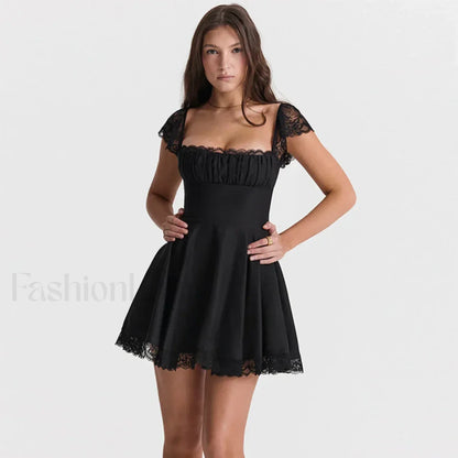 Summer Lace Patchwork Square Neck Mini Casual A Line Birthday Black Lace Up Women's Clothing Dress
