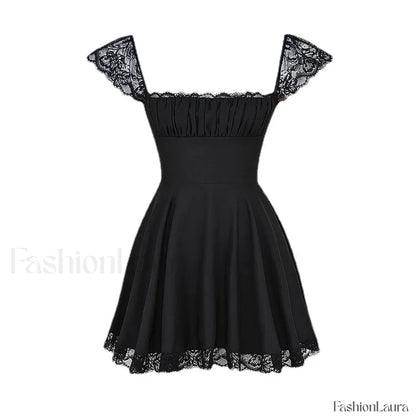 Summer Lace Patchwork Square Neck Mini Casual A Line Birthday Black Lace Up Women's Clothing Dress