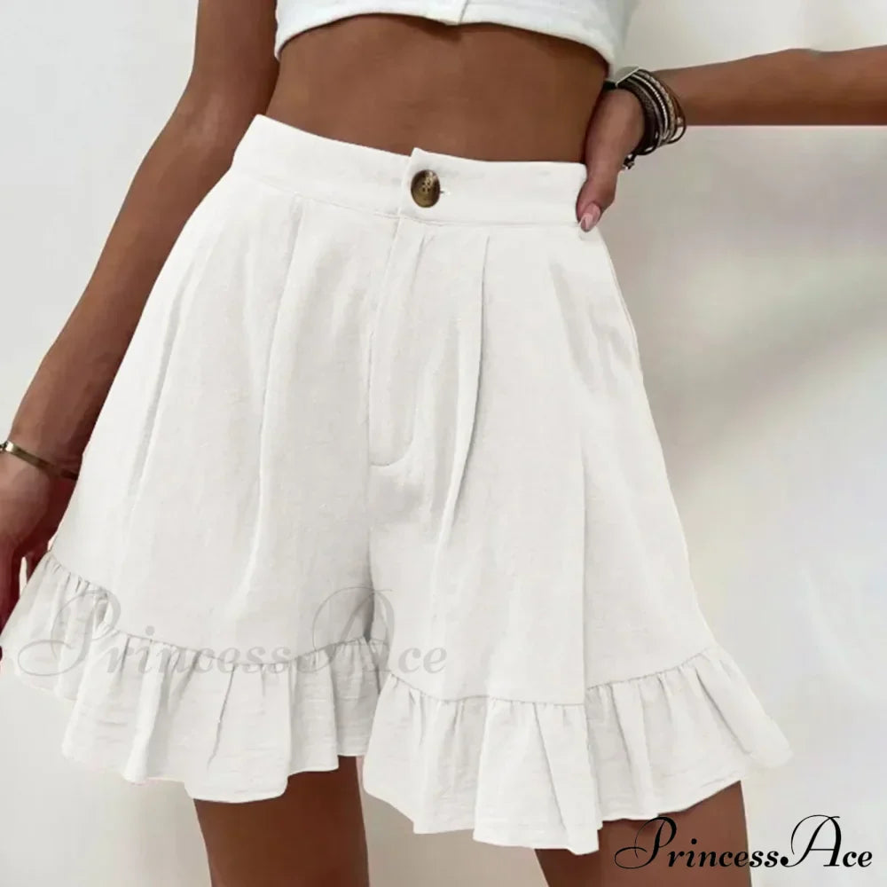 Summer Loose Fitting Wide Leg A Line Ruffle Trim Cotton Linen Texture Soft Wear Short