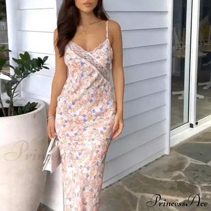 Summer Maxi Print Sleeveless Backless Lace Casual Elegant Club Party Bodycon Dress