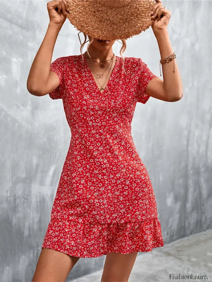 Summer Short Boho V Neck Floral Party Bohemian Flower Mini A-Line Dress
