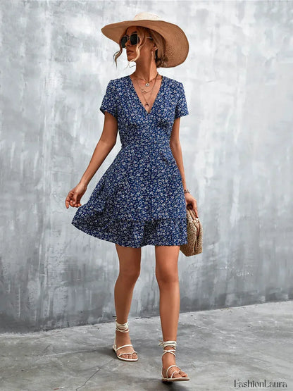Summer Short Boho V Neck Floral Party Bohemian Flower Mini A-Line Dress
