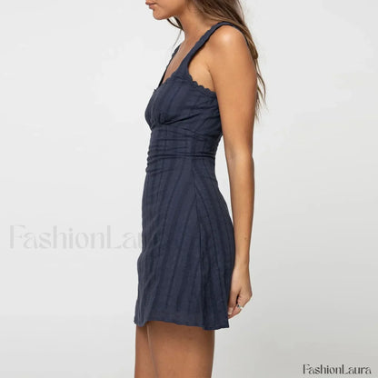 Summer Tank Sleeveless Square Neck Lace Trim Solid Color A-line Short Mini Lace Dress