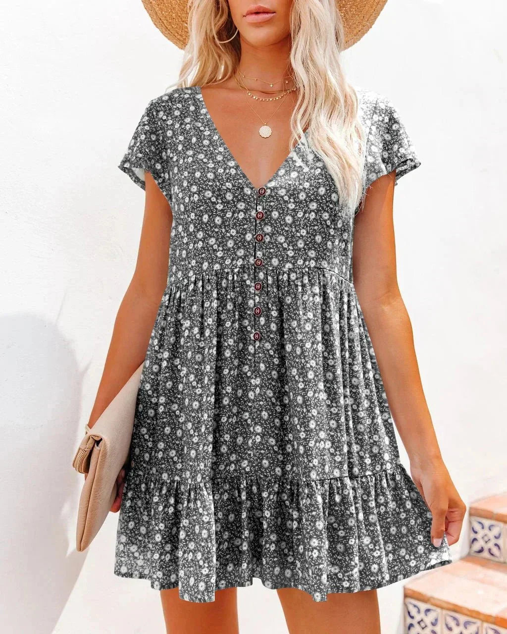 Ditsy Floral Print V Neck Button Front Empire Waist Ruffle Hem Mini Dress