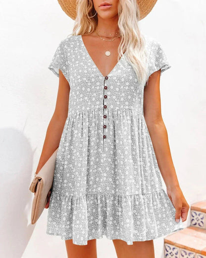 Ditsy Floral Print V Neck Button Front Empire Waist Ruffle Hem Mini Dress