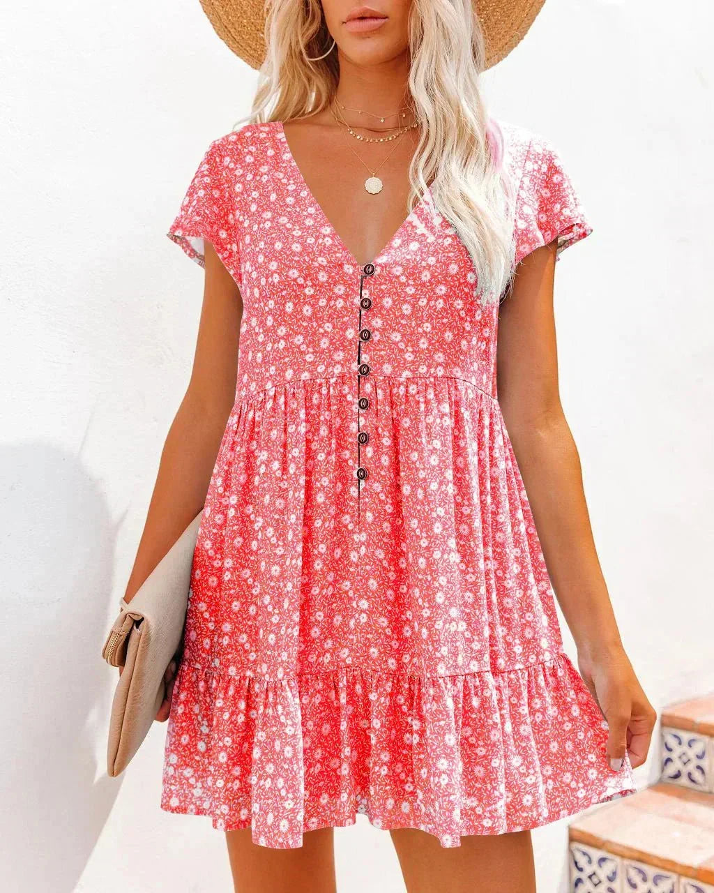 Ditsy Floral Print V Neck Button Front Empire Waist Ruffle Hem Mini Dress