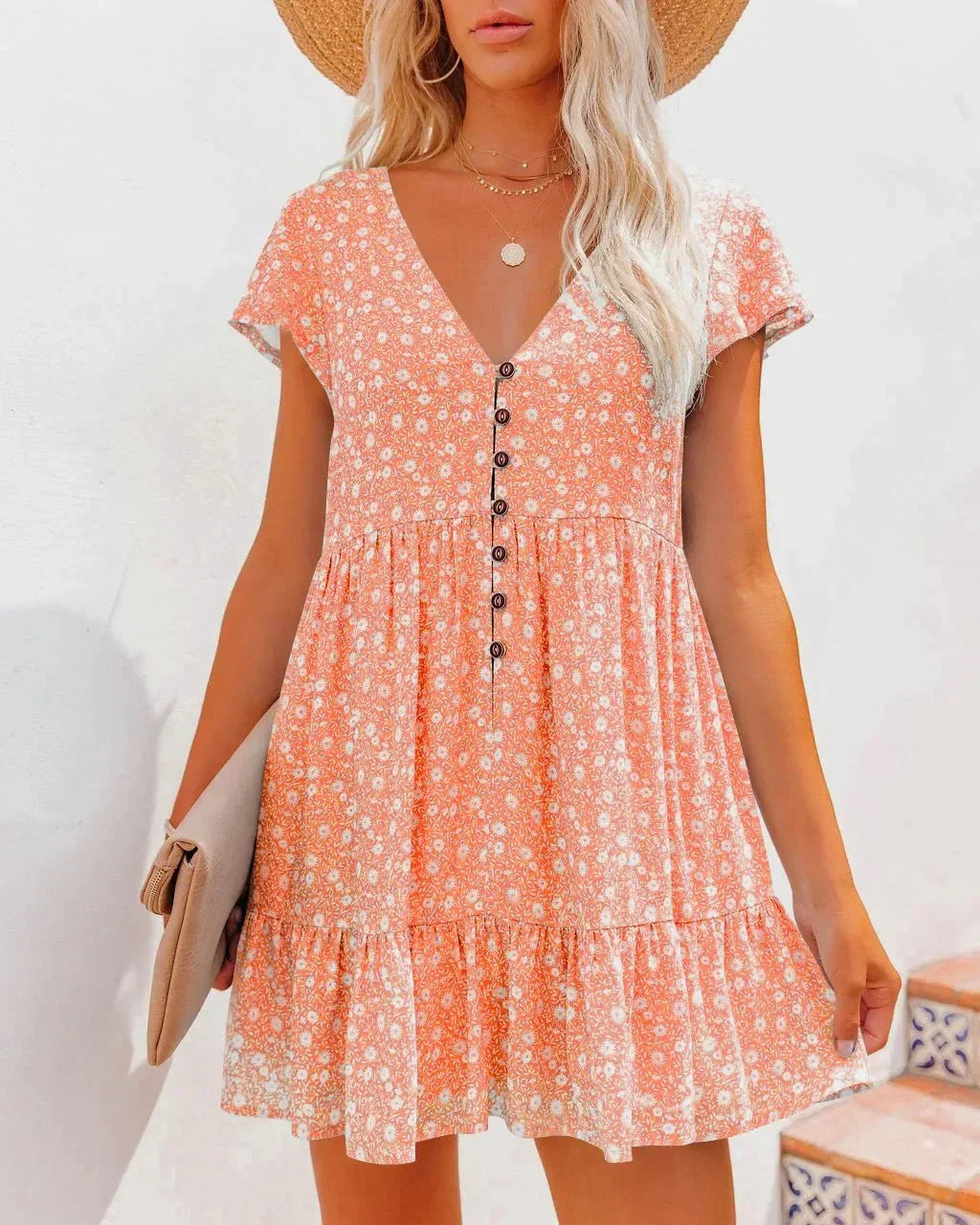 Ditsy Floral Print V Neck Button Front Empire Waist Ruffle Hem Mini Dress