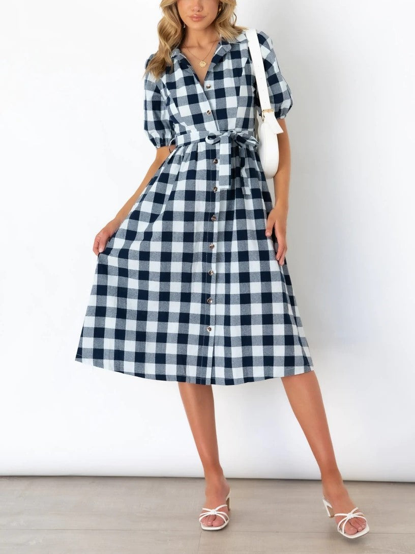 Lapel Button Plaid Dress