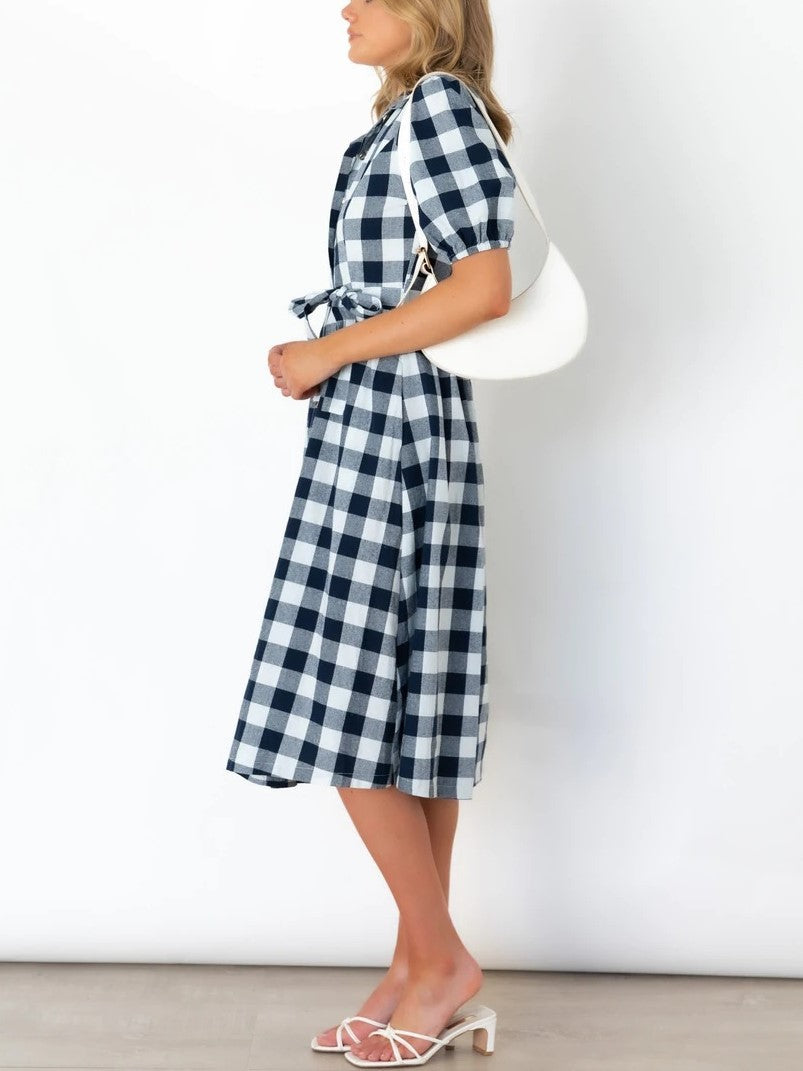 Lapel Button Plaid Dress