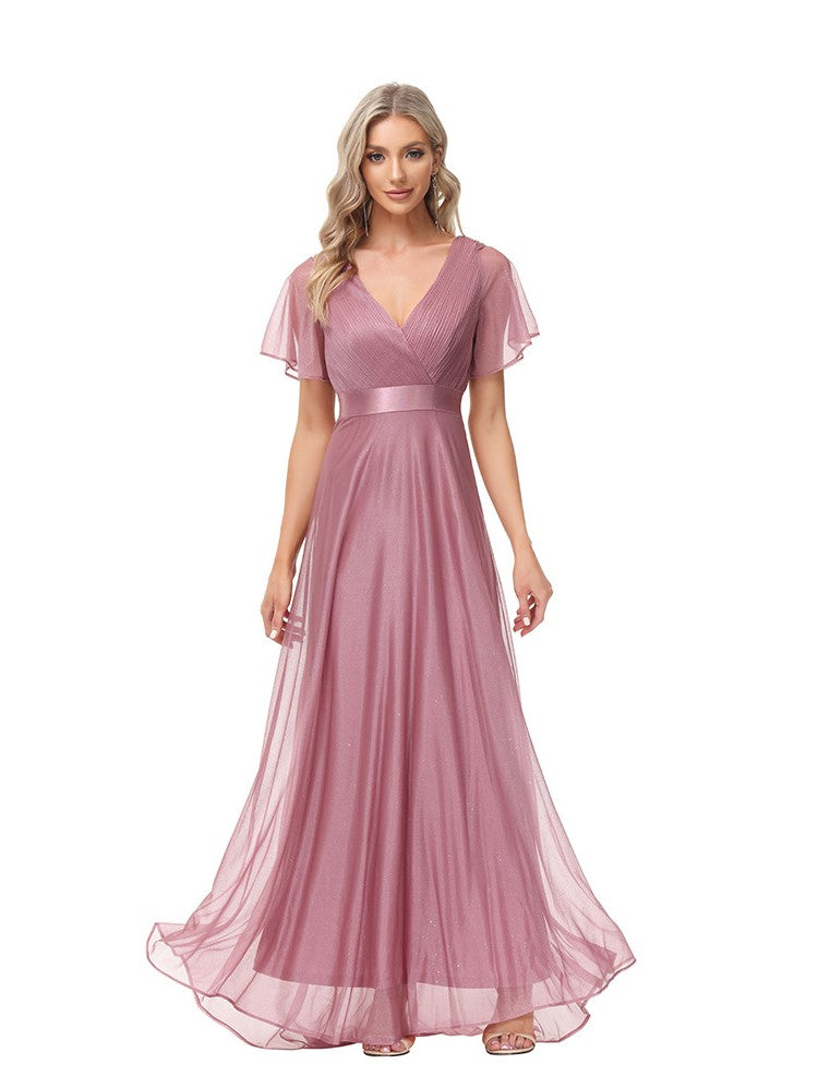Big Swing V Neck Flared Sleeve Chiffon Party Bridesmaid Evening Dress