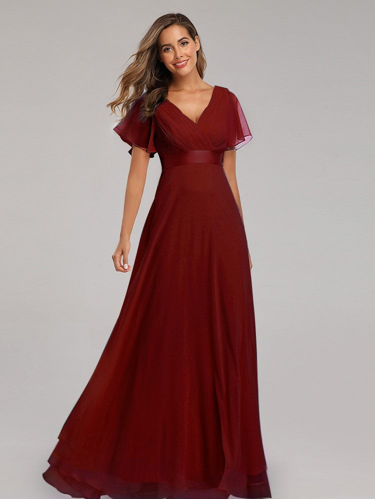 Big Swing V Neck Flared Sleeve Chiffon Party Bridesmaid Evening Dress