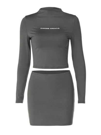 Letter Print Long Sleeve Slim Short Skirt Two Piece Set