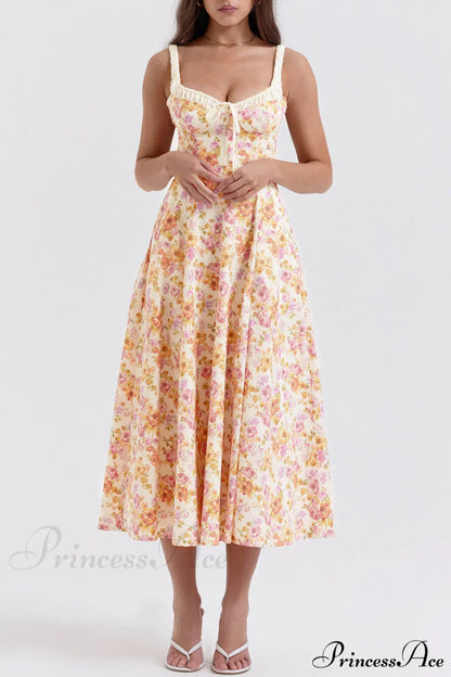 Suspender Patchwork Printed Charming Lace-Up Midi Dress