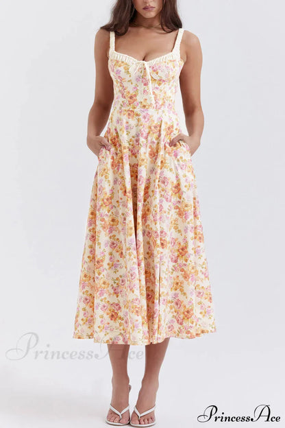 Suspender Patchwork Printed Charming Lace-Up Midi Dress