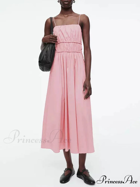 Suspender Pleated Stylish Waist Midi Dress