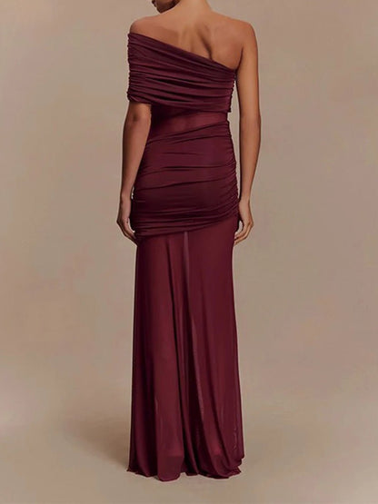 One-Shoulder Ruched Mesh Panel Illusion Maxi Dress