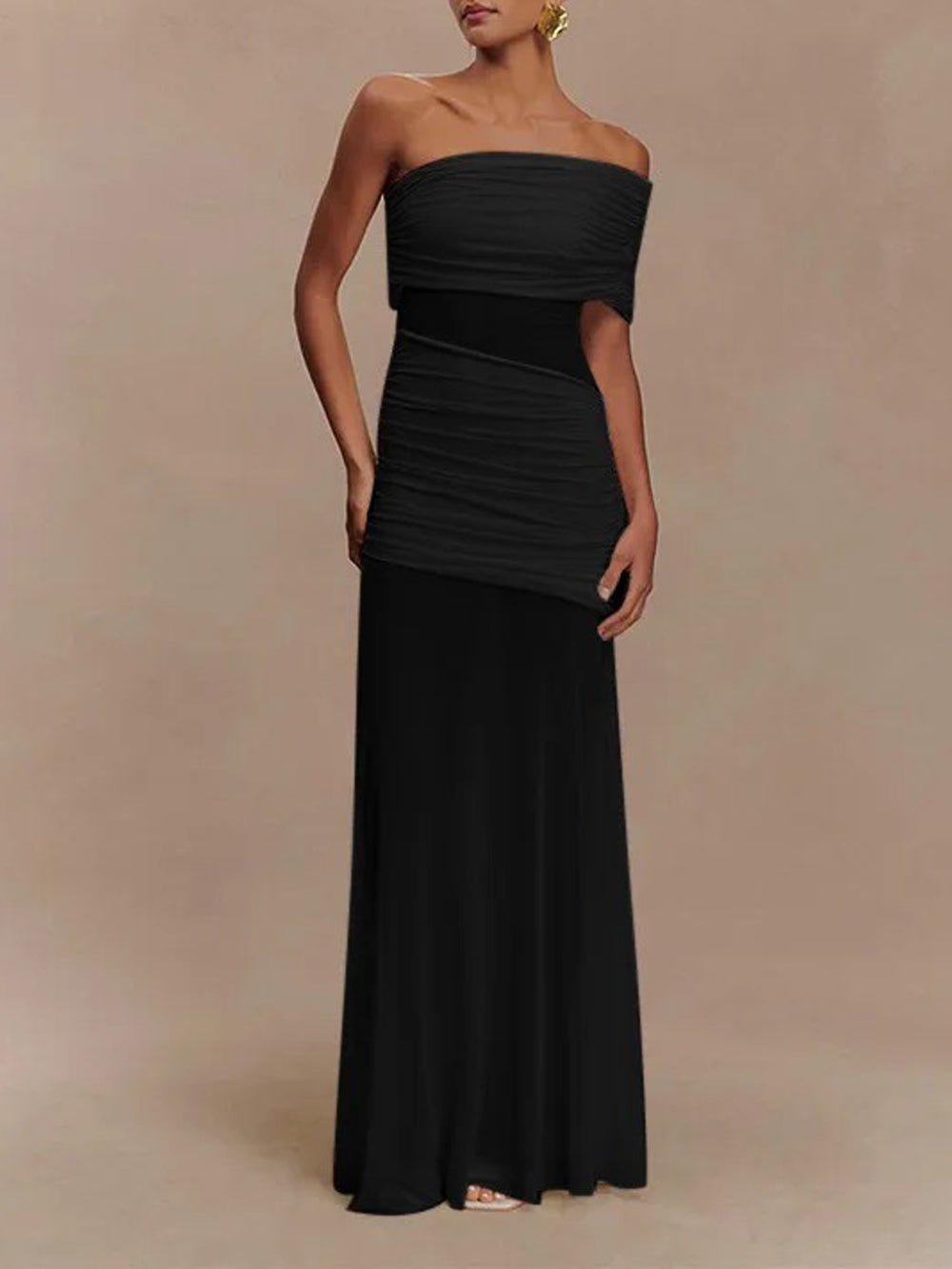 One-Shoulder Ruched Mesh Panel Illusion Maxi Dress