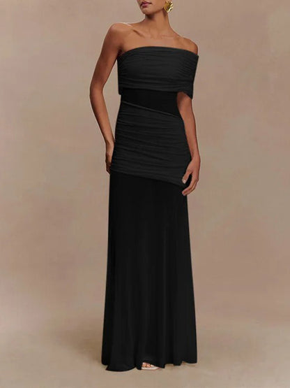 One-Shoulder Ruched Mesh Panel Illusion Maxi Dress