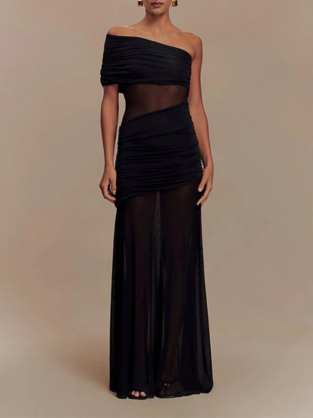 One-Shoulder Ruched Mesh Panel Illusion Maxi Dress