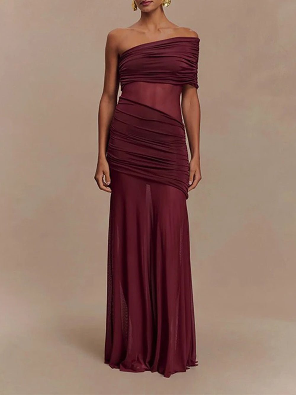 One-Shoulder Ruched Mesh Panel Illusion Maxi Dress