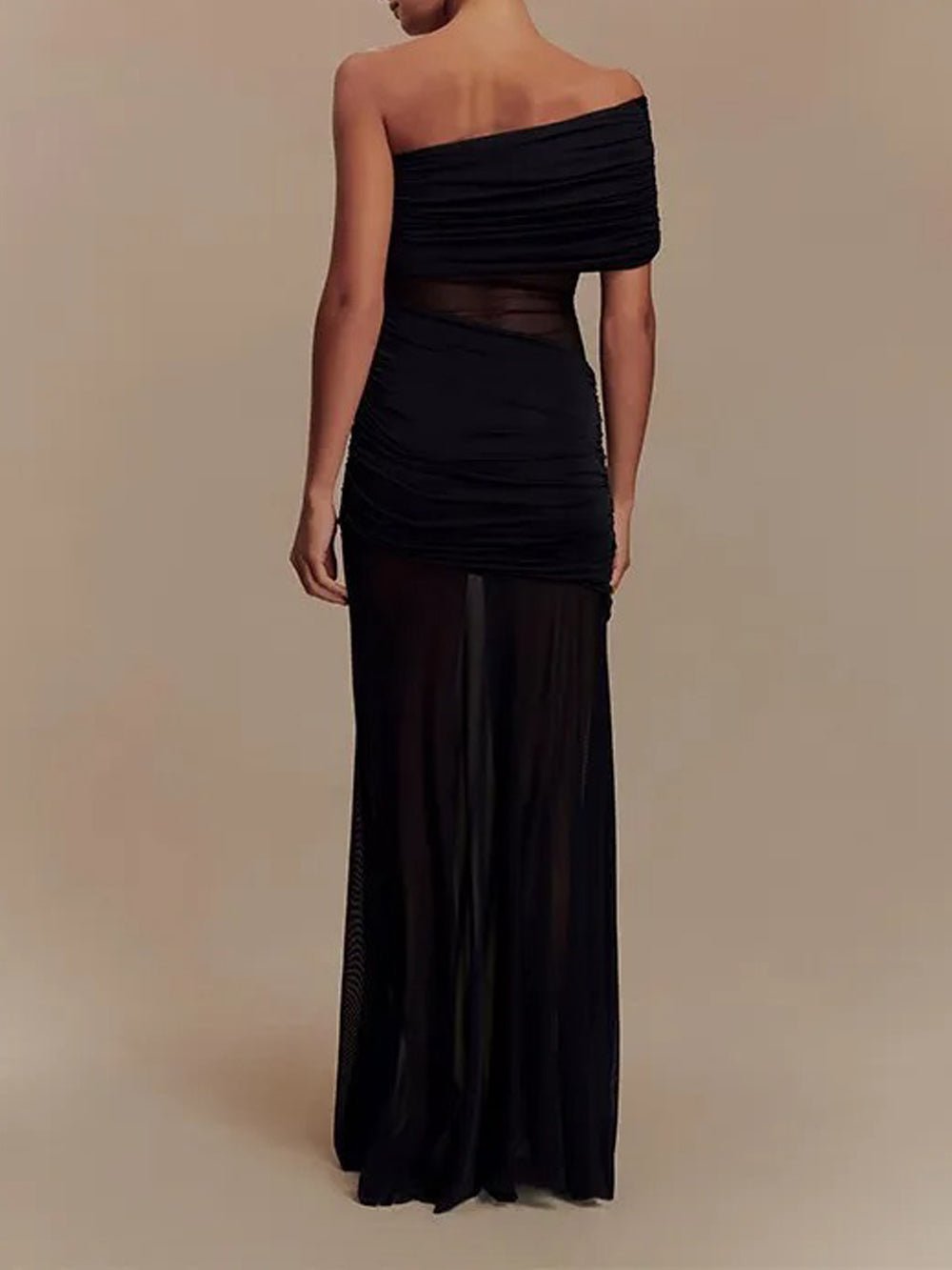 One-Shoulder Ruched Mesh Panel Illusion Maxi Dress
