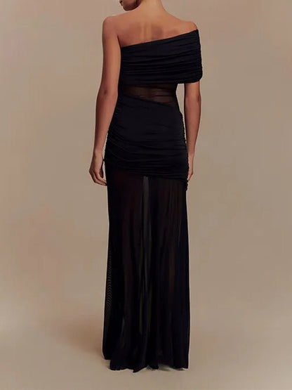 One-Shoulder Ruched Mesh Panel Illusion Maxi Dress
