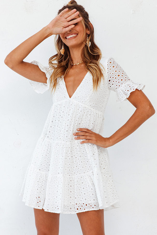 Eyelet Broderie Anglaise Deep V-Neck Flutter Sleeve Empire Waist Tiered Mini Dress