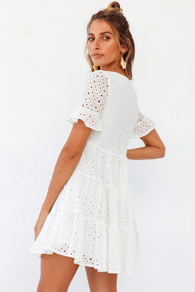 Eyelet Broderie Anglaise Deep V-Neck Flutter Sleeve Empire Waist Tiered Mini Dress
