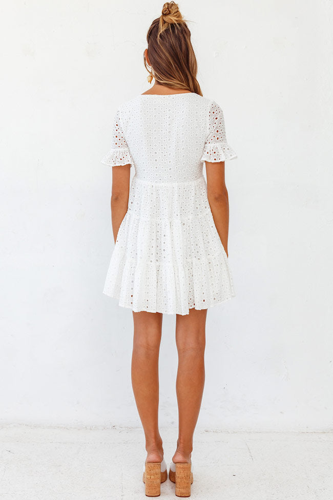 Eyelet Broderie Anglaise Deep V-Neck Flutter Sleeve Empire Waist Tiered Mini Dress