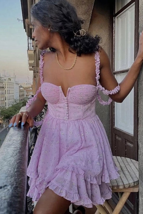 Ditsy Floral Print Bustier Sweetheart Ruffle Strap Tiered Mini Dress