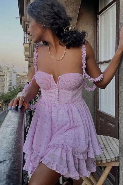Ditsy Floral Print Bustier Sweetheart Ruffle Strap Tiered Mini Dress