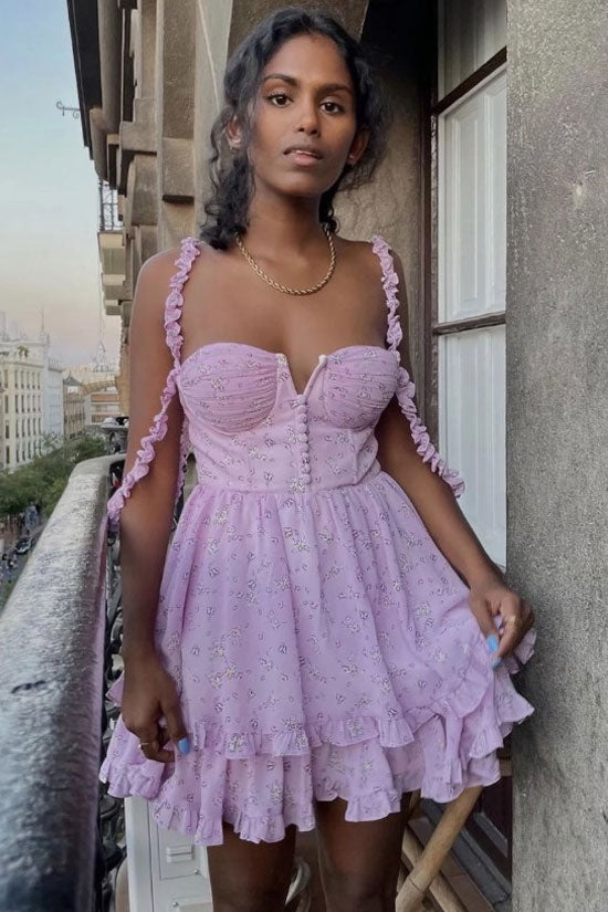 Ditsy Floral Print Bustier Sweetheart Ruffle Strap Tiered Mini Dress