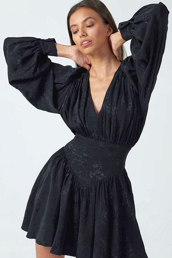 Floral Jacquard Deep V-Neck Puff Sleeve Wide Waistband Fit and Flare Mini Dress