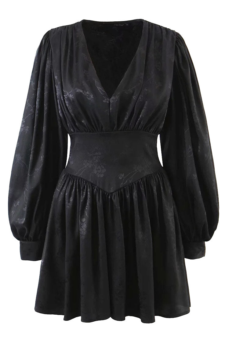 Floral Jacquard Deep V-Neck Puff Sleeve Wide Waistband Fit and Flare Mini Dress
