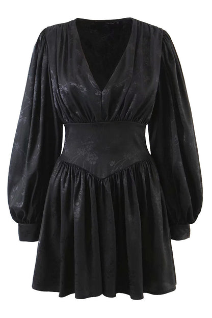 Floral Jacquard Deep V-Neck Puff Sleeve Wide Waistband Fit and Flare Mini Dress