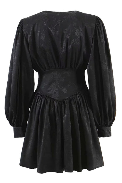Floral Jacquard Deep V-Neck Puff Sleeve Wide Waistband Fit and Flare Mini Dress