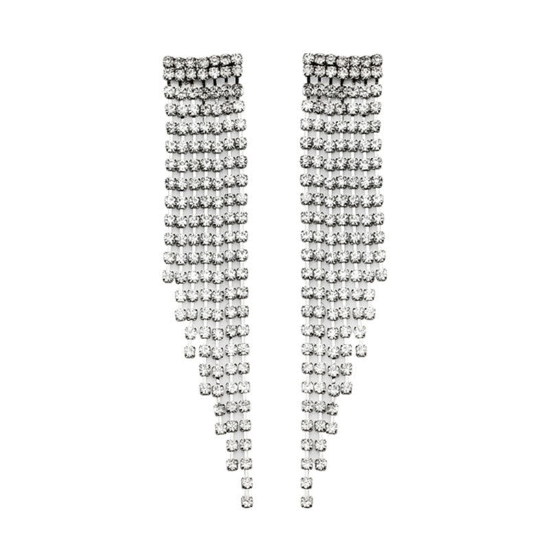 Rhinestone Long Tassel Dangle Earrings Silver