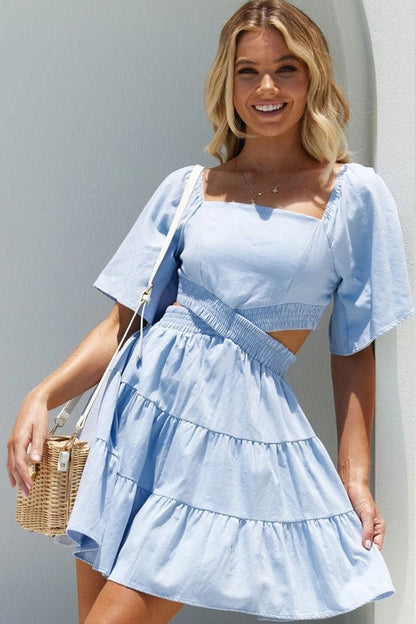 Square Neck Flutter Sleeve Smocked Bodice Waist Cut Out Tiered Mini Dress