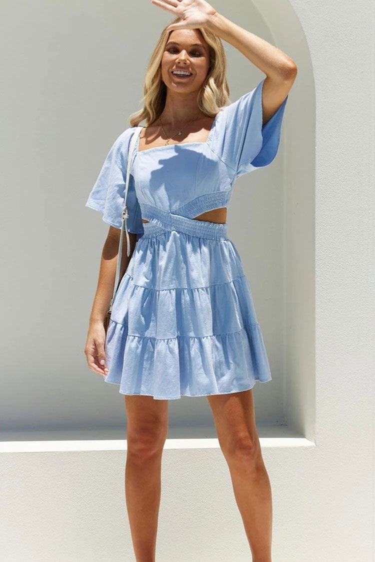 Square Neck Flutter Sleeve Smocked Bodice Waist Cut Out Tiered Mini Dress