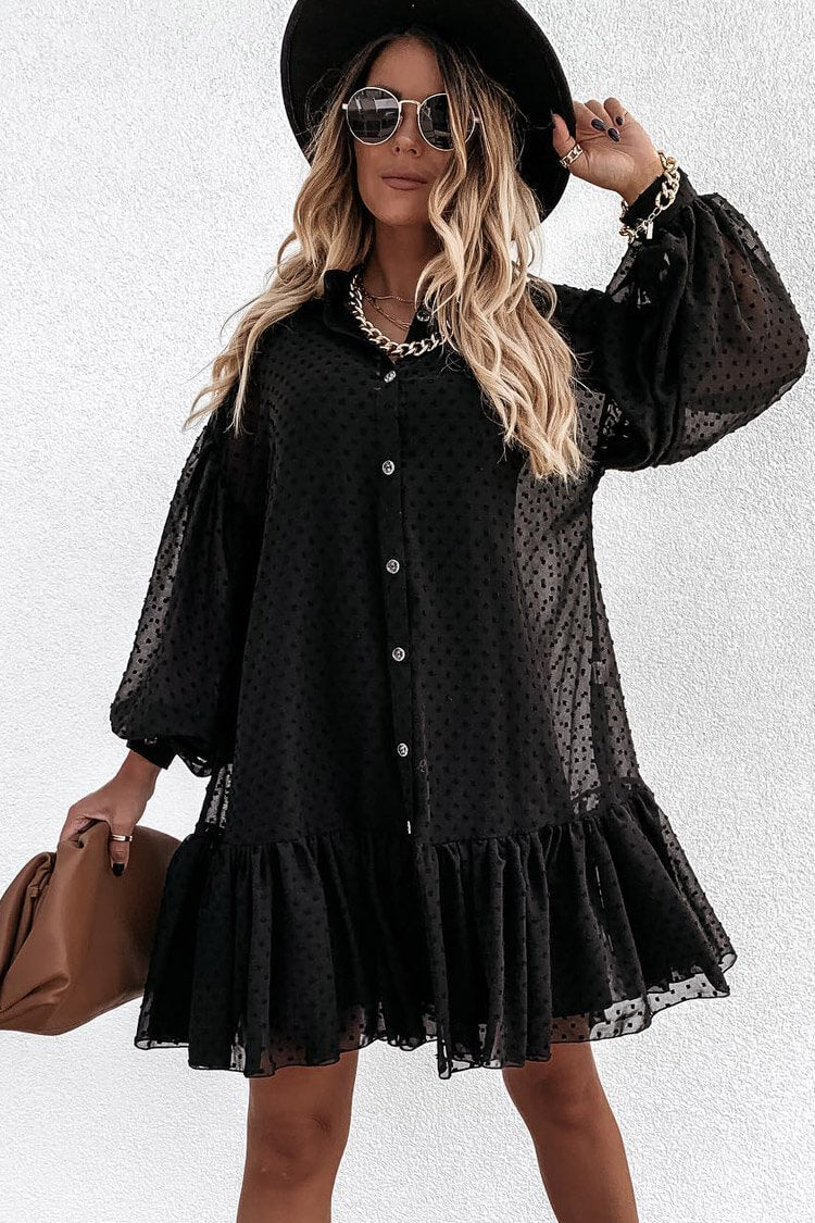 Swiss Dot High Neck Button Front Puff Sleeve Ruffle Hem Babydoll Mini Dress